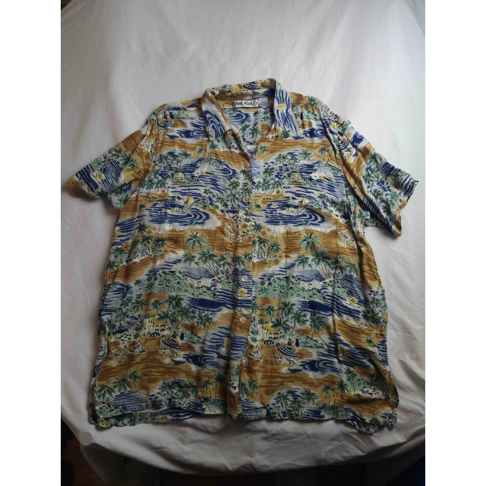 Jane‎ Ashley Hawaiian Shirt Womens 3X Blue Island Print Beach Vacation Summer
